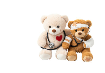 Two realistic plush teddy bears, a light one with a red heart comforting a darker, bandaged one, both with stethoscopes, on a transparent studio background, concept of healing, care, and compassion