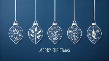 Elegant christmas ornaments with botanical and snowflake designs on dark blue background