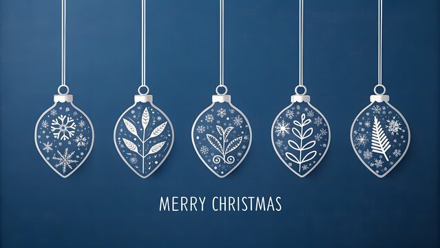 Elegant christmas ornaments with botanical and snowflake designs on dark blue background