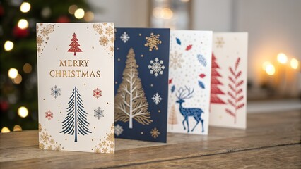 Festive christmas greeting cards displayed with holiday decorations in the background