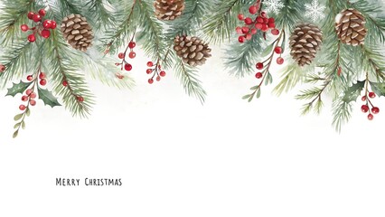 Elegant christmas border of pine branches pinecones and red berries
