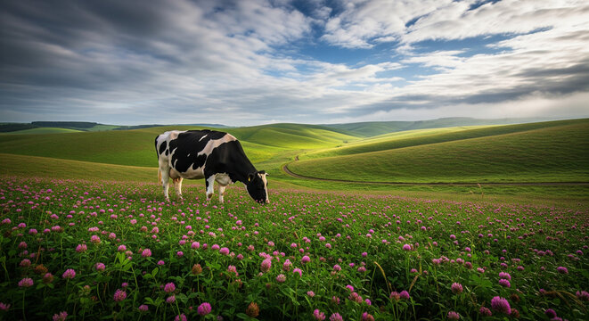 Black and white cow grazing in a vast clover field.
A stunning, wide-angle landscape photograph featuring a black and white Holstein cow grazing peacefully in the foreground of a vibrant field - Powered by Adobe