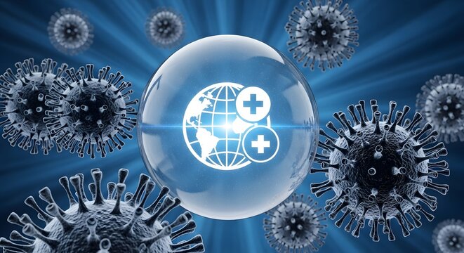 Conceptual illustration of a global health crisis, featuring a glowing Earth icon surrounded by threatening coronavirus particles