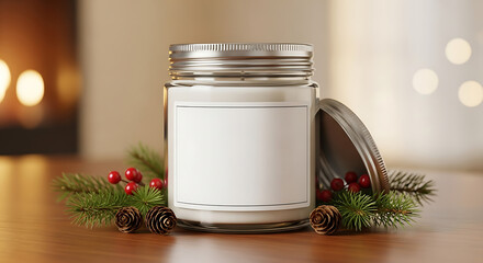 Festive candle with a blank label and holiday greenery, perfect for seasonal decor and gifts