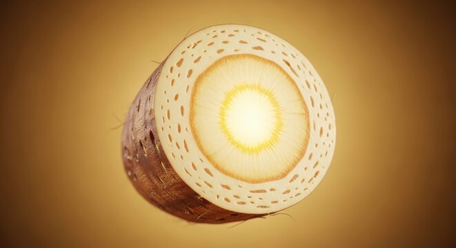 Inside structure of cassava root tuber food closeup anatomy section for health diet research detailed texture showing parenchyma cells with starch grains crop background 200 character