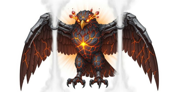 Fiery Eagle Golem Steaming with Lava Cracks Demonstrating Powerful Elemental Fantasy Art and Volcanic Stone Design on a Radiant White Background