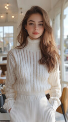 A stylish person stands calmly indoors, wearing a cozy white knitted turtleneck sweater and comfortable matching textured pants.
