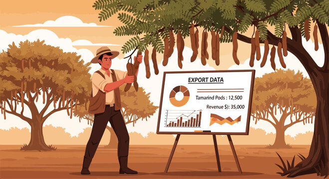 Tamarind pod cultivation and export market analysis shown by a farmer