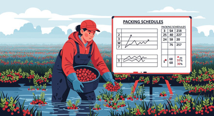 Harvesting cranberries with production schedules displayed in a flooded bog landscape