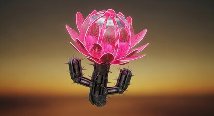 Mechanical cactus flower with pink petals and robotic thorns steel plant with intricate design digital rendering futuristic desert plant in bloom artificial cactus flower