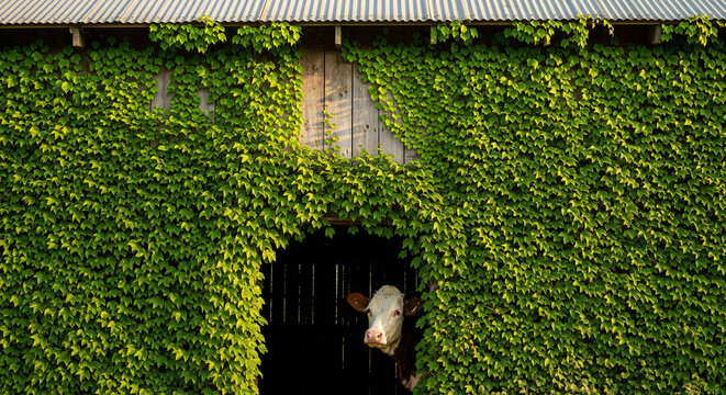 Curious cow peeking out from barn covered in vibrant green ivy.
A captivating, horizontal shot of a farm barn heavily covered in lush, vibrant green climbing ivy or hops vines