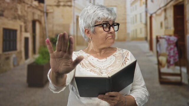 Woman holding book with palm out for stop gesture in street, senior reader wearing glasses and lace top; defiance resilience.