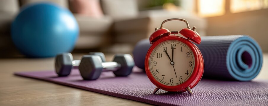 Red alarm clock placed on yoga mat next to fitness equipment - Powered by Adobe