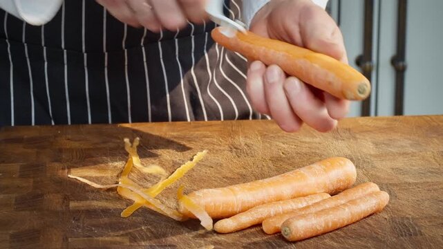 dedicated culinary expert skillfully strips orange carrots into decorative ribbons before cooking