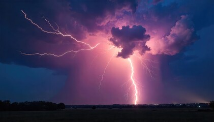 Obraz premium Spectacular display of cloud-to-ground lightning striking during a powerful summer thunderstorm The bolt illuminates the dark night sky with intense brilliance , energy, night