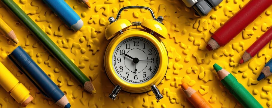 Yellow alarm clock surrounded by colorful pencils and crayons on a vibrant background