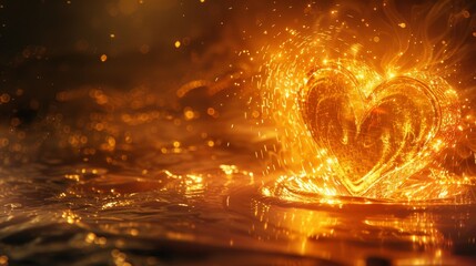 Molten gold heart dripping luminous liquid metal, shimmering sparks, dark background, high contrast surreal art