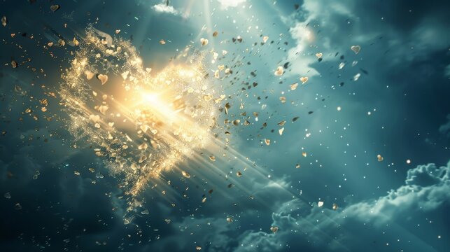 Valentine heart sculpted from clouds and sunlight, drifting in sky with soft pastel tones, magical particles around, surreal atmosphere