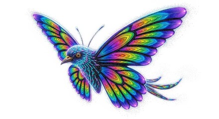 Fototapeta premium Fantasy Bird With Butterfly Wings Unique Colorful Illustration a Whimsical Creature With Vibrant Plumage Birdlike Features and Insect Wing Design Against Plain Background Art