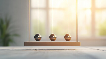 Newton's cradle with metal balls in a sunlit indoor setting  