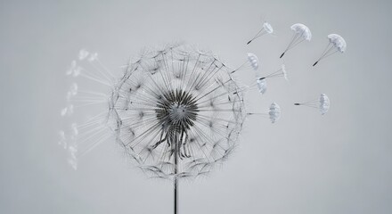 Obraz premium Dandelion seeds with parachute flying off with dandelion seed parachute on white background with nature dispersion and fragile ecosystem and spreading seeds of hope