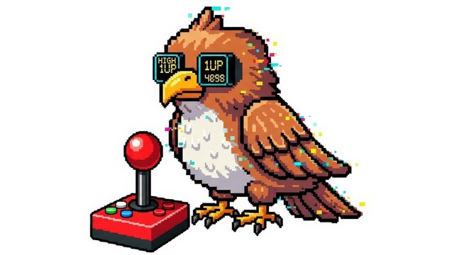 Illustration of Pixelated Hawk Wearing Glasses Near Gaming Joystick on White Background Featuring Digital Bird and Retro Gaming with Nostalgic Design and Modern Pixel Art - Powered by Adobe
