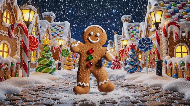 3D animation of a gingerbread man dancing in a snowy Christmas village. Festive holiday scene with candy houses, lollipops, and falling snow at night. Winter celebration concept