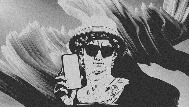 Contemporary Retro Engraving Statue with Smartphone, Digital Irony Vintage Monochrome Illustration, Modern Pop Culture Collage Poster Art