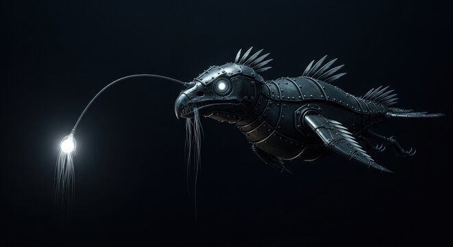 Robot Anglerfish Mechanical Marine Creature With Bioluminescent Lure Underwater Technology Design Cybernetic Sea Animal Deep Sea Angler Artificial Light Source