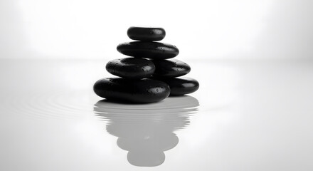 Stacked black stones reflecting on calm water surface  