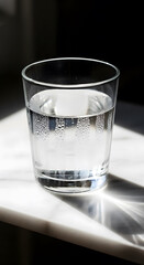 Clear glass of water on marble surface with reflections and droplets  