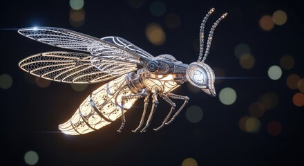 Detailed Mechanical Bee Glowing with Intricate Metalwork and Elegant Ornamentation on Wings and Body Dark Background with Bokeh Lights Robotic Insect