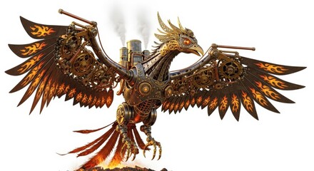 Steampunk Phoenix Illustration With Fire Wings and Gears on White Backdrop Emitting Smoke From its Chimneys Depicting Industrial Age and Detailed Features