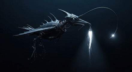 Anglerfish-Inspired Bird Robot Illustration in Deep Sea Environment Ready to Lure its Prey With Light Featuring Metal Body and Sharp Edges in Dark Blue Backdrop