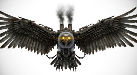 Steam Powered Mechanical Eagle with Wings Spread Flying with Smoke Coming out of Pipes Digital Art 3d Rendering on White Background for Poster
