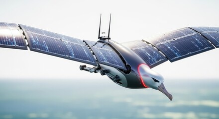 Cybernetic Bird with Solar Panel Wings and Gps Antenna Flying in the Sky Created with Digital Art 3d Rendering for Illustration and Science