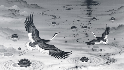 Obraz premium Elegant Cranes Flying over Lotus Lake, Traditional Asian Nature Art, Serene Monochrome Landscape Illustration