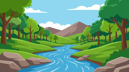 Fototapeta premium Amazing landscape green forest with river, trees, grass, blue sky wallpaper background, painting for kid books