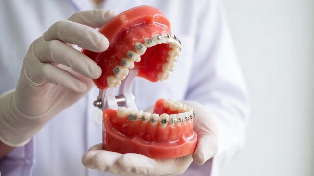 Close up of dentist holding orthodontic dental model with metal braces demonstrating teeth alignment treatment in clinic.