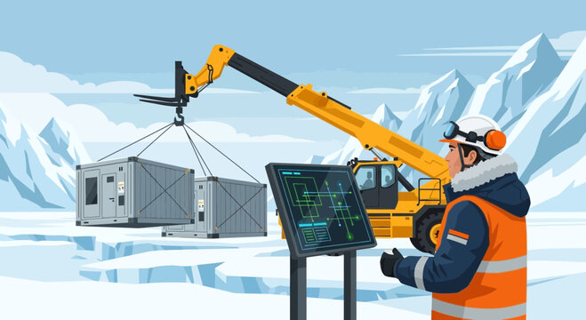 Logistics operation in antarctica with heavy machinery and remote monitoring