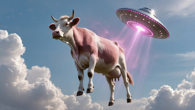 Realistic UFO Cow Abduction in Sky, Sci Fi Humorous Concept Art, 3D Rendered Flying Cow Illustration