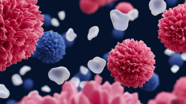 Vibrant microscopic cell action. A colorful scene of pink and blue cells against a dark background, showcasing their unique shapes and structures.
