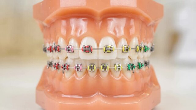 Realistic dental model with colorful metal braces showing teeth alignment and orthodontic treatment, detailed close up.