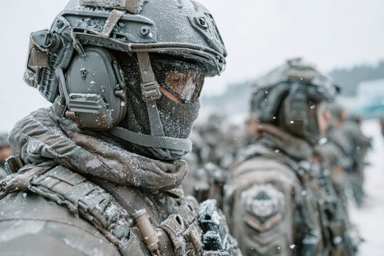 Soldiers in winter gear prepared for field operations in snowy conditions