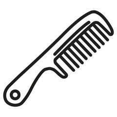 A simple black outline drawing of a plastic comb with a handle and closely spaced teeth on white