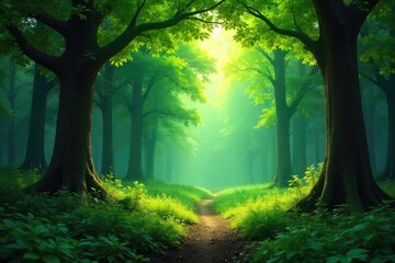 Obraz premium Lush green forest background, perfect for nature-themed projects Deep shadows and dappled sunlight create a magical atmosphere Ideal for websites, presentations, and more , wildlife, landscape