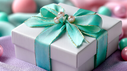 Elegant gift box with ribbon and pearls. A teal-ribboned gift box on a pastel background with candies, perfect for special occasions.