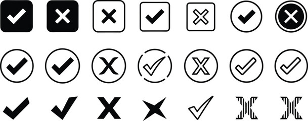 Hand drawn check mark and cross icon collection