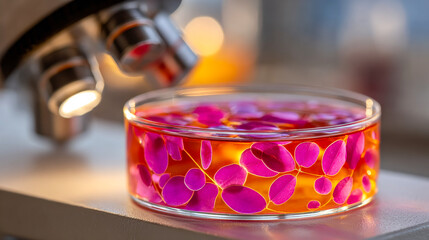 Vibrant petri dish under scope. A petri dish filled with vibrant pink and orange liquid sits under a microscope, reflecting scientific exploration.