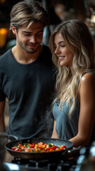 A happy couple smiles while cooking fresh colorful vegetables in a steaming pan on the stove in their modern kitchen.
